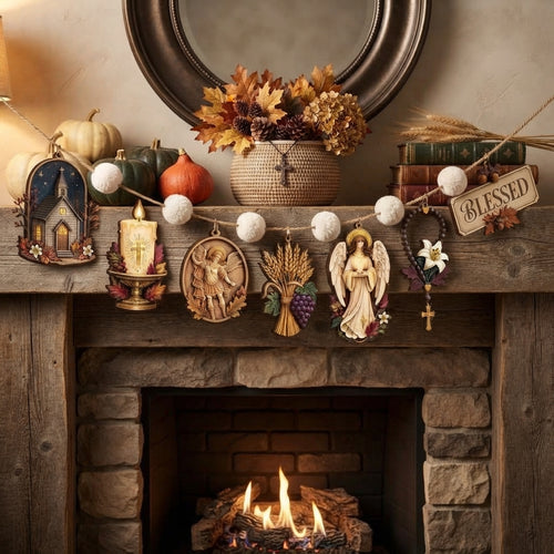 Christian Fall Garland, All Saints Day Decor, Hallowtide Wooden Hanging, Catholic Home Decor, Religious Autumn Garland, Fall Mantel Decoration