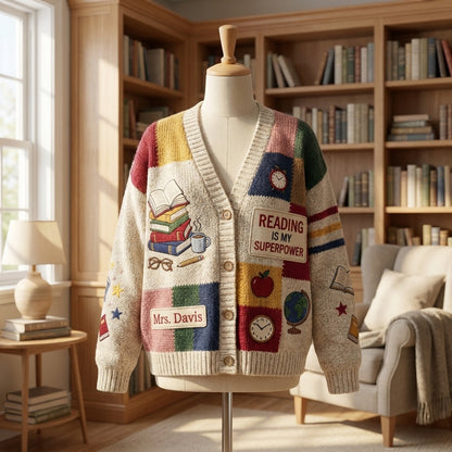 Cardigan pull personnalisé pour enseignant(e), Cardigan tricoté avec nom d'enseignant(e) personnalisé, Cadeau d'enseignant(e) pour la rentrée scolaire, Joli vêtement de classe. Chemise d'enseignant(e)