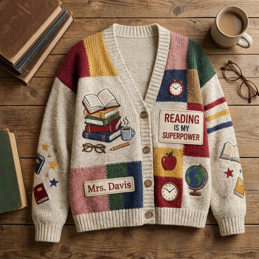 Cardigan pull personnalisé pour enseignant(e), Cardigan tricoté avec nom d'enseignant(e) personnalisé, Cadeau d'enseignant(e) pour la rentrée scolaire, Joli vêtement de classe. Chemise d'enseignant(e)