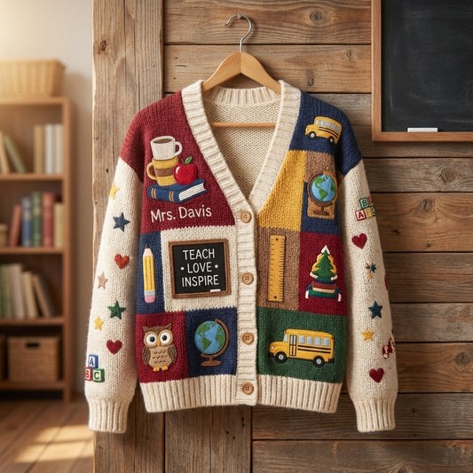 Cardigan pull personnalisé pour enseignant(e), Cardigan tricoté avec nom d'enseignant(e) personnalisé, Cadeau d'enseignant(e) pour la rentrée scolaire, Joli vêtement de classe. Chemise d'enseignant(e)