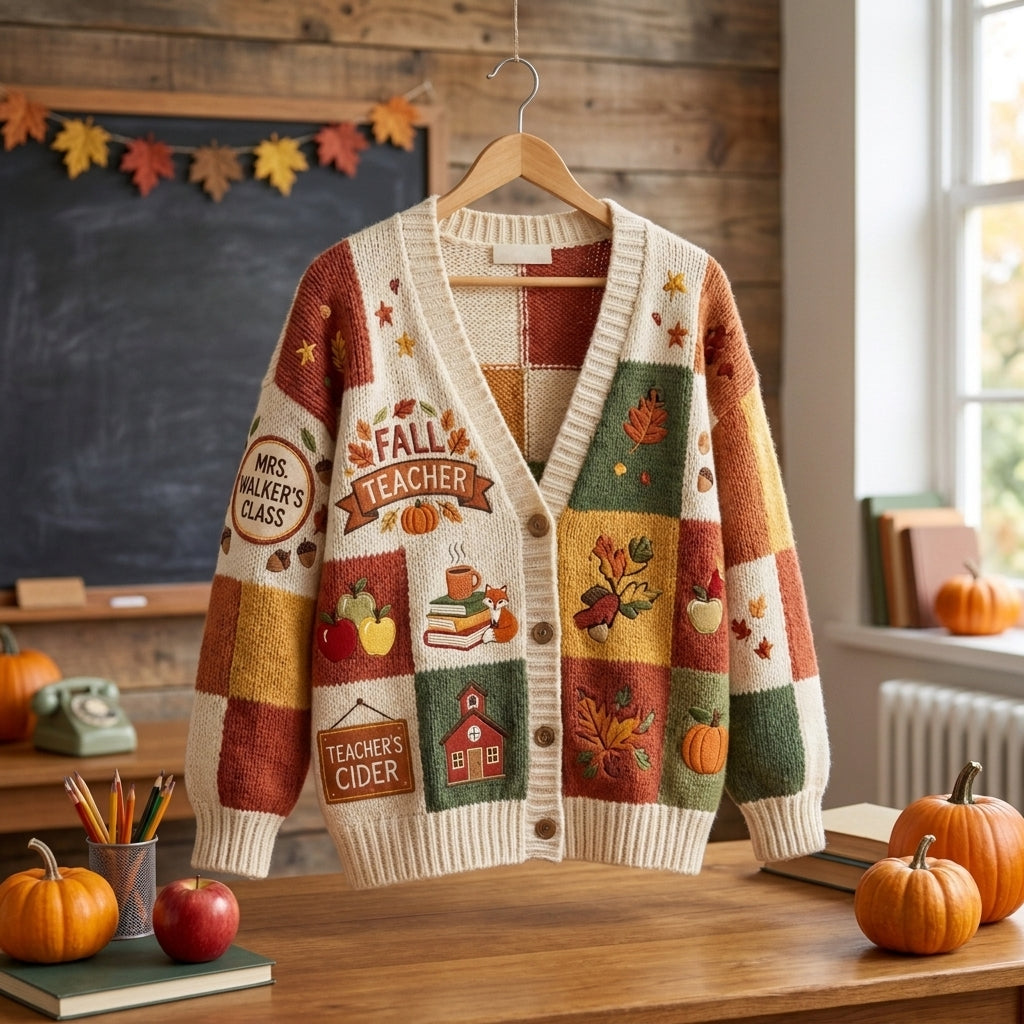 Cardigan pull personnalisé pour enseignant(e), Cardigan tricoté avec nom d'enseignant(e) personnalisé, Cadeau d'enseignant(e) pour la rentrée scolaire, Joli vêtement de classe. Chemise d'enseignant(e)