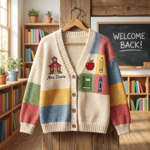 Cardigan pull personnalisé pour enseignant(e), Cardigan tricoté avec nom d'enseignant(e) personnalisé, Cadeau d'enseignant(e) pour la rentrée scolaire, Joli vêtement de classe. Chemise d'enseignant(e)