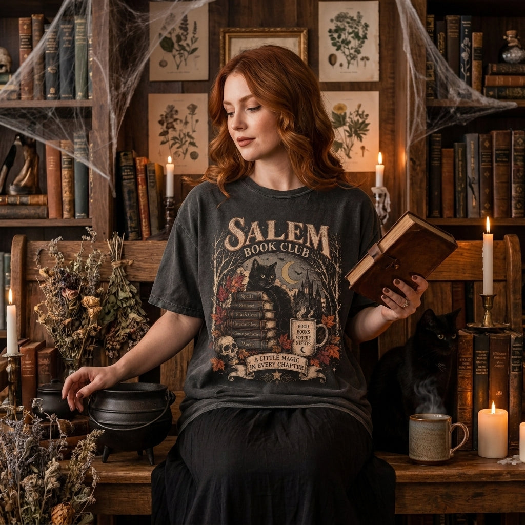 Salem Book Club T-Shirt, Gothic Halloween Shirt, Black Cat Book Lover Tee, Witchy Book Club Shirt, Vintage Spooky Fall Tee