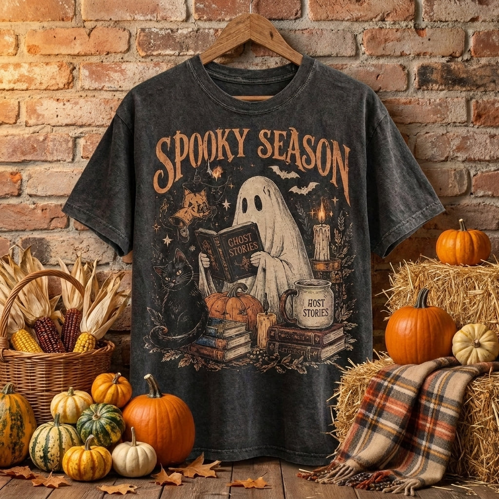 Spooky Season T-Shirt, Halloween Ghost Shirt, Black Cat Shirt, Gothic Fall Tee, Witchy Book Lover Shirt, Cozy Halloween Tee