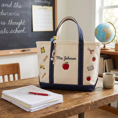 Personalized Teacher Tote Bag, Embroidered School Icons Canvas Bag, Custom Name Teacher Appreciation Gift, Back to School Gift