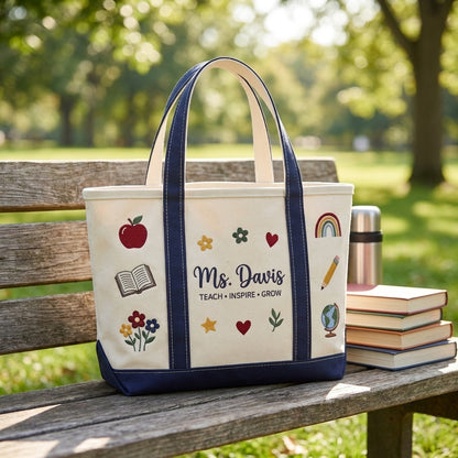 Personalized Teacher Floral Tote Bag, Embroidered School Icons Canvas Bag, Custom Name Teacher Appreciation Gift, Back to School Gift