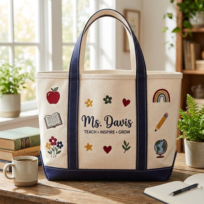 Personalized Teacher Floral Tote Bag, Embroidered School Icons Canvas Bag, Custom Name Teacher Appreciation Gift, Back to School Gift
