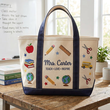 Personalized Teacher Tote Bag v2, Embroidered School Icons Canvas Bag, Custom Name Teacher Appreciation Gift, Back to School Gift