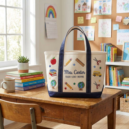 Personalized Teacher Tote Bag v2, Embroidered School Icons Canvas Bag, Custom Name Teacher Appreciation Gift, Back to School Gift