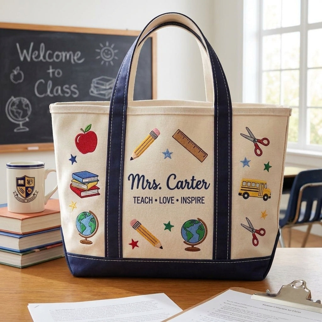 Personalized Teacher Tote Bag v2, Embroidered School Icons Canvas Bag, Custom Name Teacher Appreciation Gift, Back to School Gift