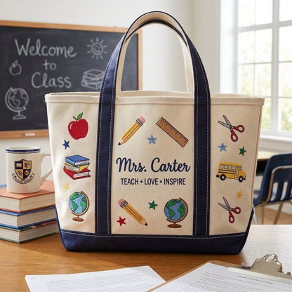 Personalized Teacher Tote Bag v2, Embroidered School Icons Canvas Bag, Custom Name Teacher Appreciation Gift, Back to School Gift