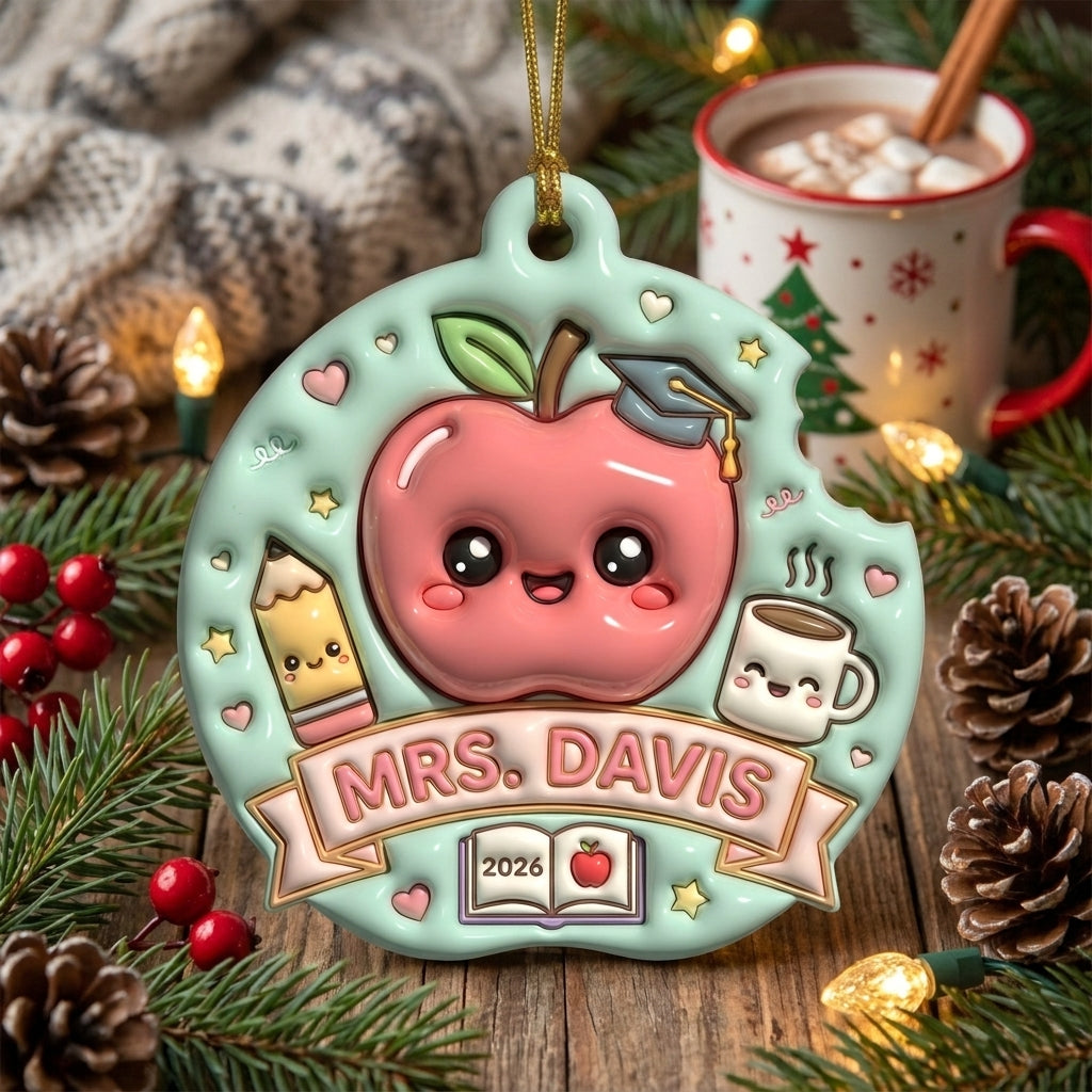 Personalized Teacher Christmas Ornament 3D Relief Acrylic Ornament Custom Name Apple Teacher Gift School Christmas Decor 2026