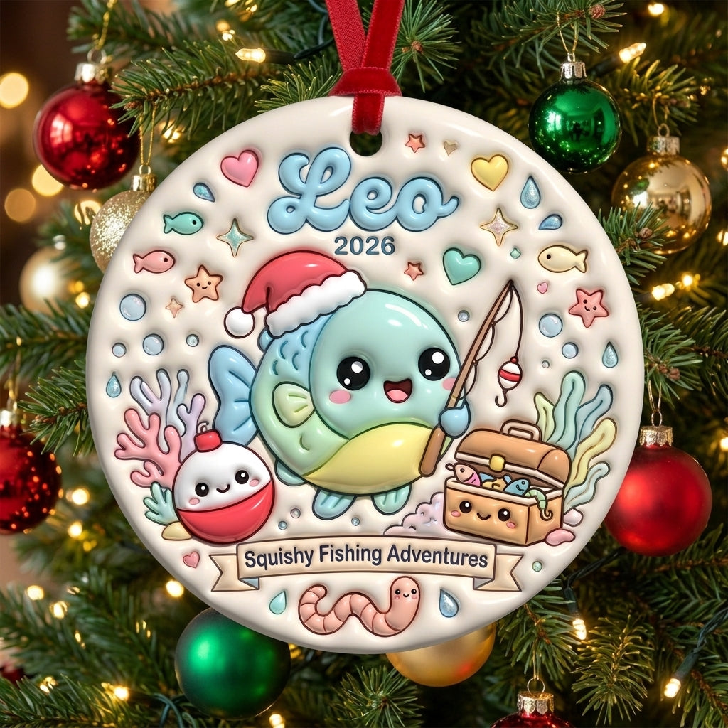 Squishy Fishing Christmas Ornament Personalized 3D Relief Ceramic Ornament Custom Name Fishing Lover Gift Angler Christmas Decor 2026