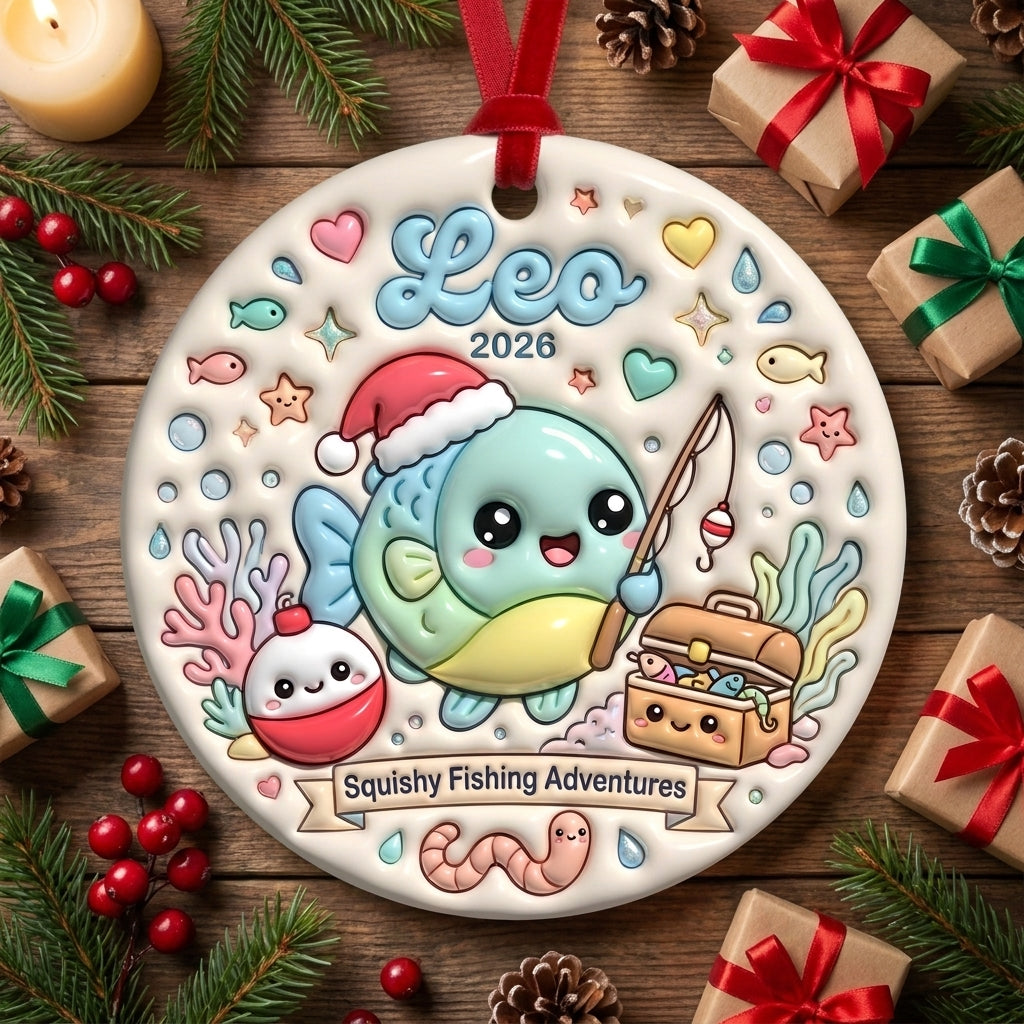 Squishy Fishing Christmas Ornament Personalized 3D Relief Ceramic Ornament Custom Name Fishing Lover Gift Angler Christmas Decor 2026