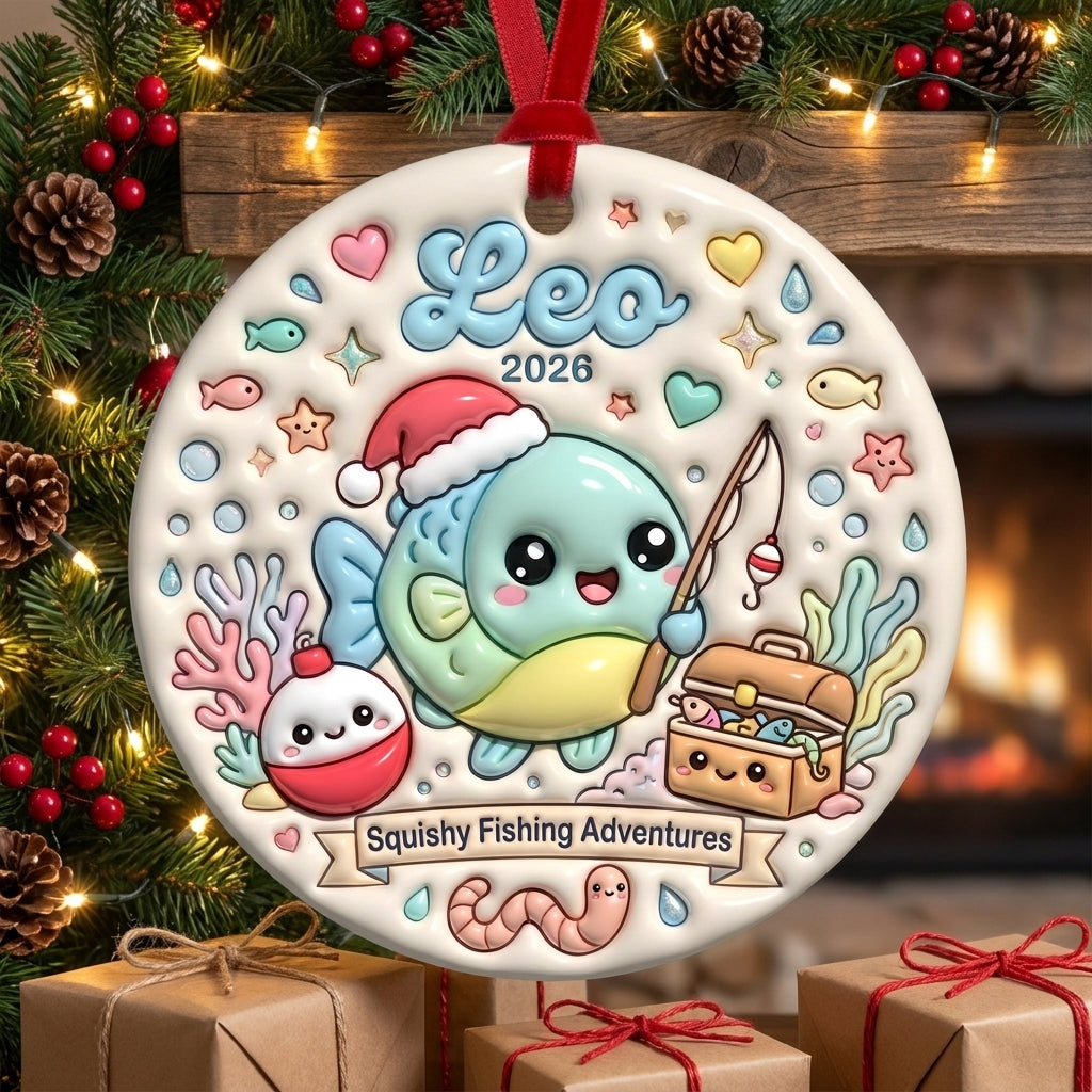 Squishy Fishing Christmas Ornament Personalized 3D Relief Ceramic Ornament Custom Name Fishing Lover Gift Angler Christmas Decor 2026