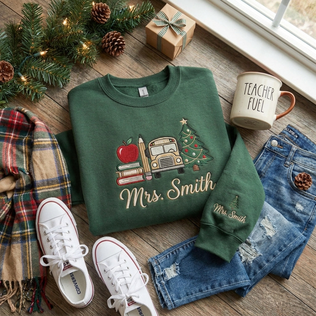 Personalized Christmas Teacher Sweatshirt, Embroidered Teacher Name Crewneck, Christmas Gift for Teacher, Apple Books School Sweatshirt