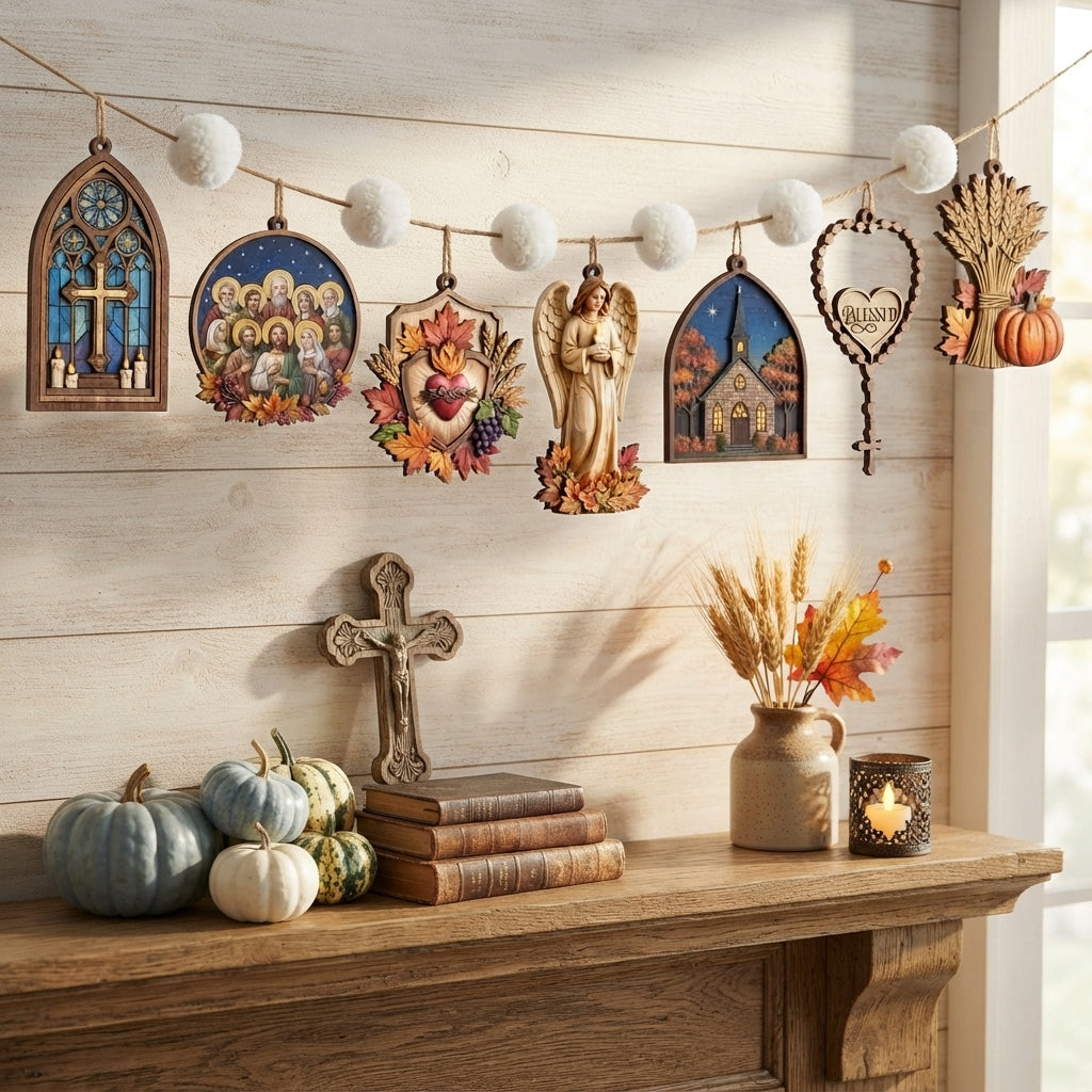 All Saints Day Garland, Hallowtide Wooden Garland, Catholic Fall Decor, Christian Autumn Decoration, Religious Wall Hanging, Fall Mantel Decor