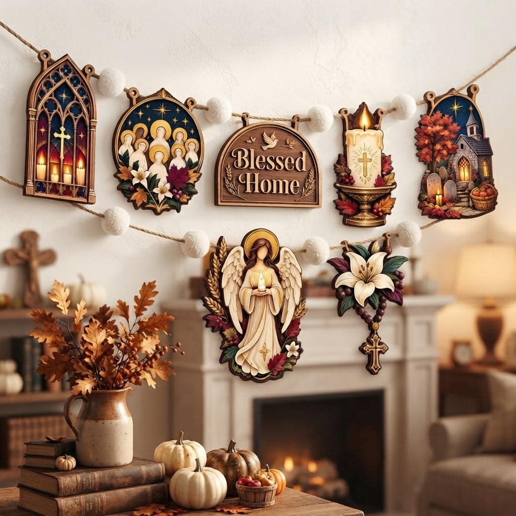Catholic Fall Garland, Hallowtide Decor, All Saints Day Wooden Garland, Christian Home Decoration, Religious Autumn Wall Hanging, Fall Shelf Decor