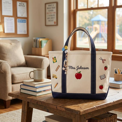 Personalized Teacher Tote Bag, Embroidered School Icons Canvas Bag, Custom Name Teacher Appreciation Gift, Back to School Gift