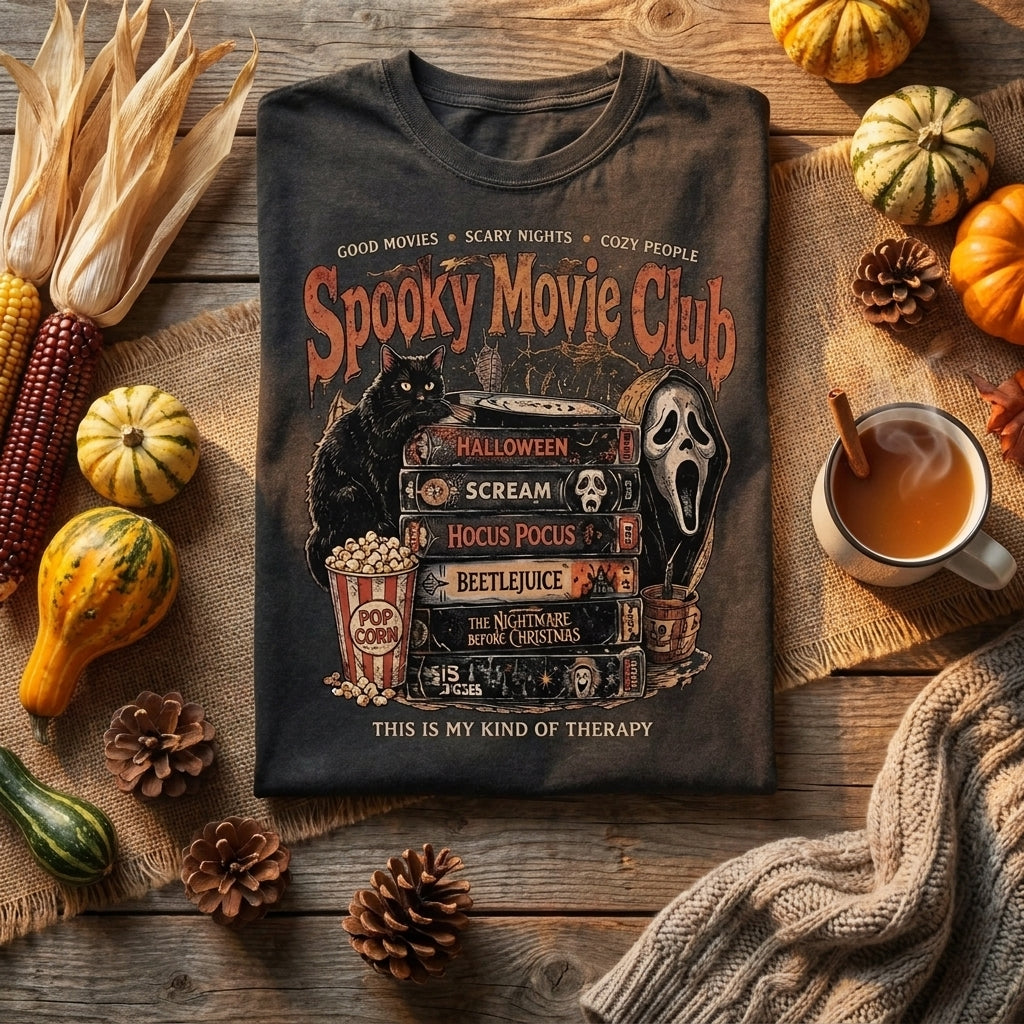 Spooky Movie Club T-Shirt, Halloween Movie Shirt, Horror Movie Lover Tee, Black Cat Shirt, Vintage Spooky Season Shirt