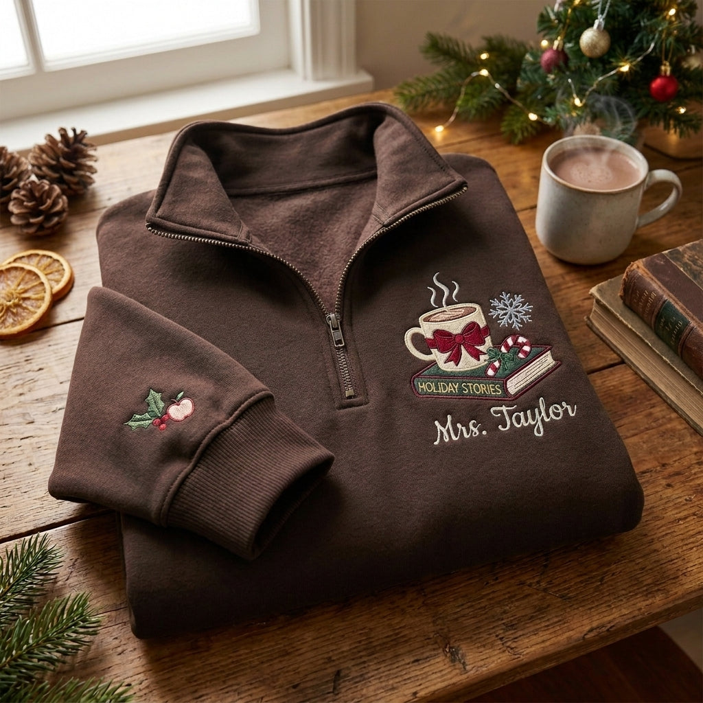 Personalized Christmas Teacher Quarter Zip, Embroidered Teacher Name Pullover, Christmas Gift for Teacher, Holiday School Quarter Zip