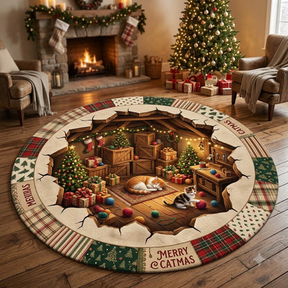 3D Christmas Cat Floor Rug, Cozy Christmas Tree & Gift Cave Rug