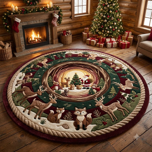 Christmas Round Rug, Santa Woodland Deer Rug, Cozy Cabin Holiday Decor