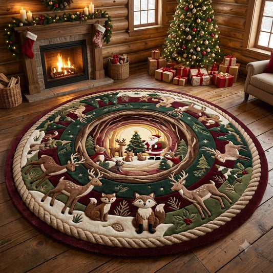 Christmas Round Rug, Santa Woodland Deer Rug, Cozy Cabin Holiday Decor