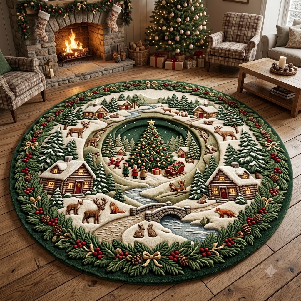 Christmas Woodland Round Rug, Snowy Deer Cabin Rug, Rustic Holiday Decor