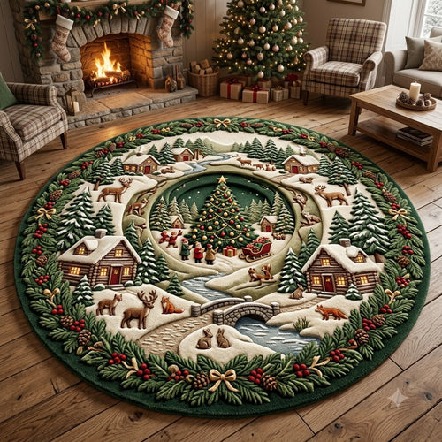 Christmas Woodland Round Rug, Snowy Deer Cabin Rug, Rustic Holiday Decor