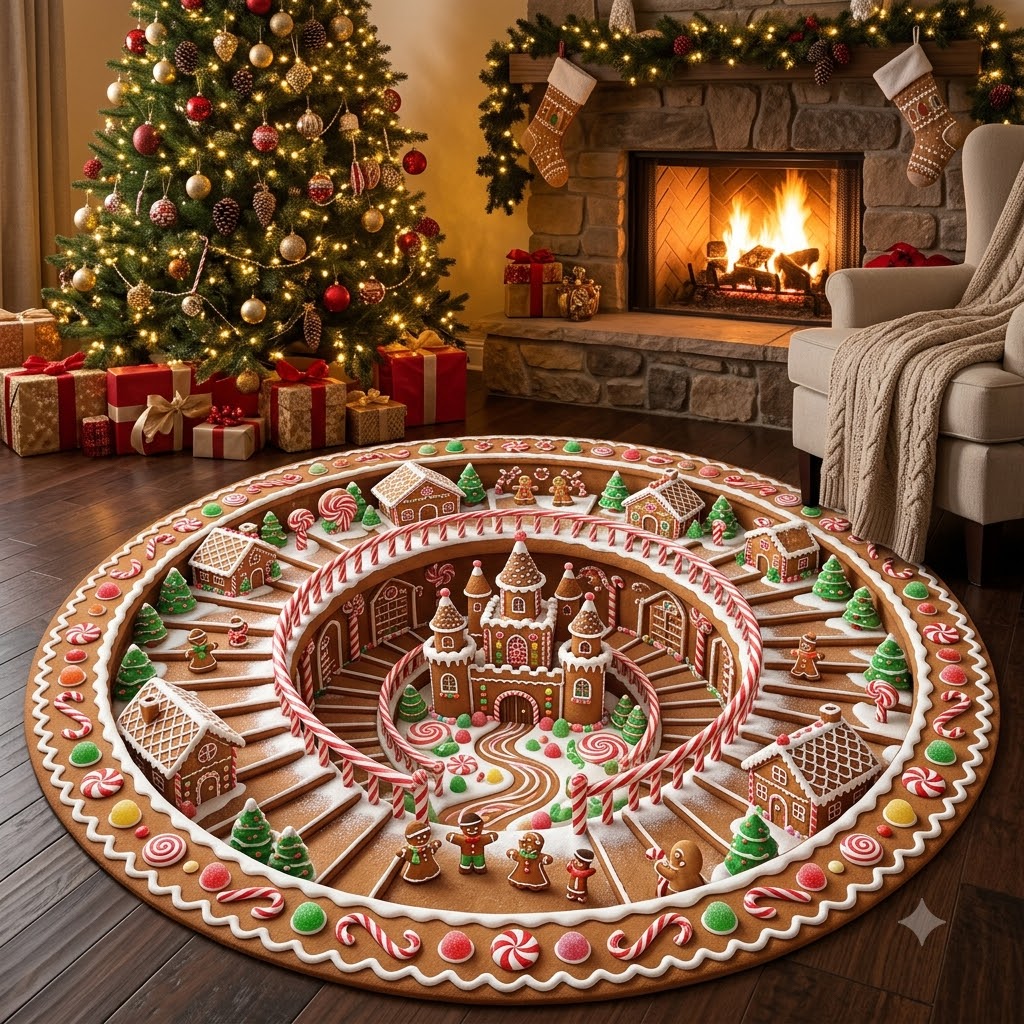 Gingerbread Christmas Round Rug, Candy Cane Village Rug, Holiday Home Decor