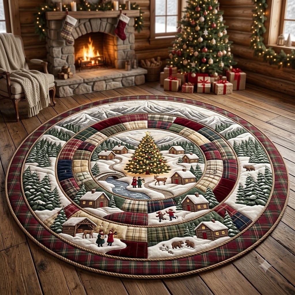 Christmas Village Round Rug, Rustic Plaid Snowy Rug, Cabin Holiday Decor