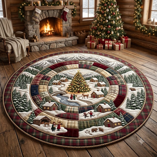 Christmas Village Round Rug, Rustic Plaid Snowy Rug, Cabin Holiday Decor