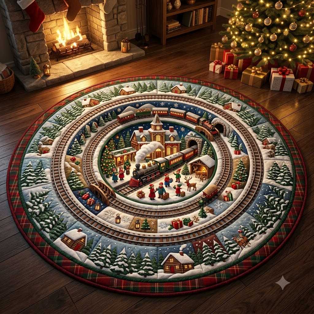 Christmas Train Round Rug, Winter Village Rug, Holiday Cabin Floor Decor
