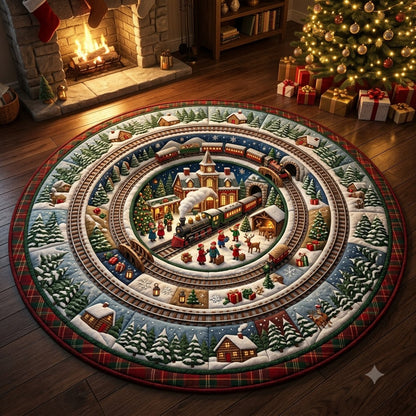 Christmas Train Round Rug, Winter Village Rug, Holiday Cabin Floor Decor