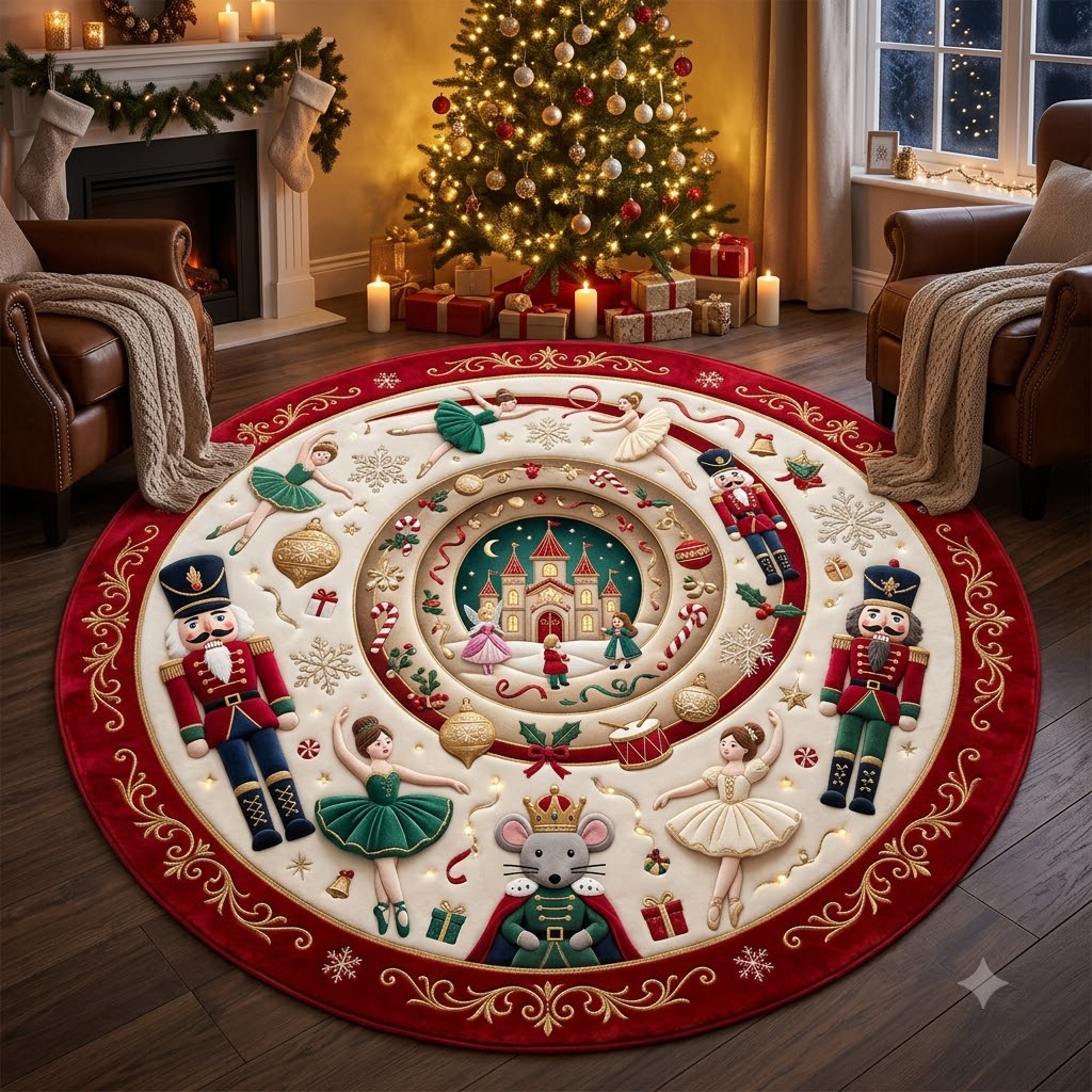 Red Nutcracker Christmas Round Rug, Ballet Holiday Rug, Festive Christmas Decor