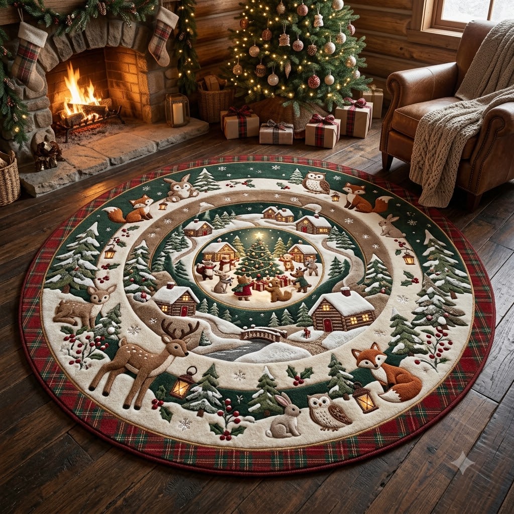 Christmas Woodland Round Rug, Snowy Deer Cabin Rug, Rustic Holiday Decor
