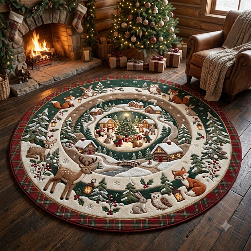 Christmas Woodland Round Rug, Snowy Deer Cabin Rug, Rustic Holiday Decor