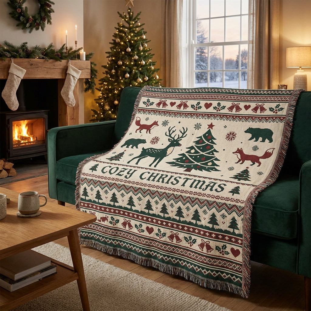 Cozy Christmas Woven Blanket – Woodland Christmas Holiday Throw Blanket