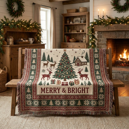 Merry & Bright Christmas Woven Blanket – Christmas Tree & Reindeer Throw Blanket