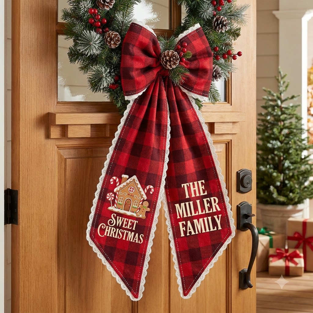Personalized Buffalo Plaid Christmas Wreath Sash, Sweet Christmas Gingerbread Door Bow, Custom Family Name