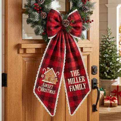 Personalized Buffalo Plaid Christmas Wreath Sash, Sweet Christmas Gingerbread Door Bow, Custom Family Name