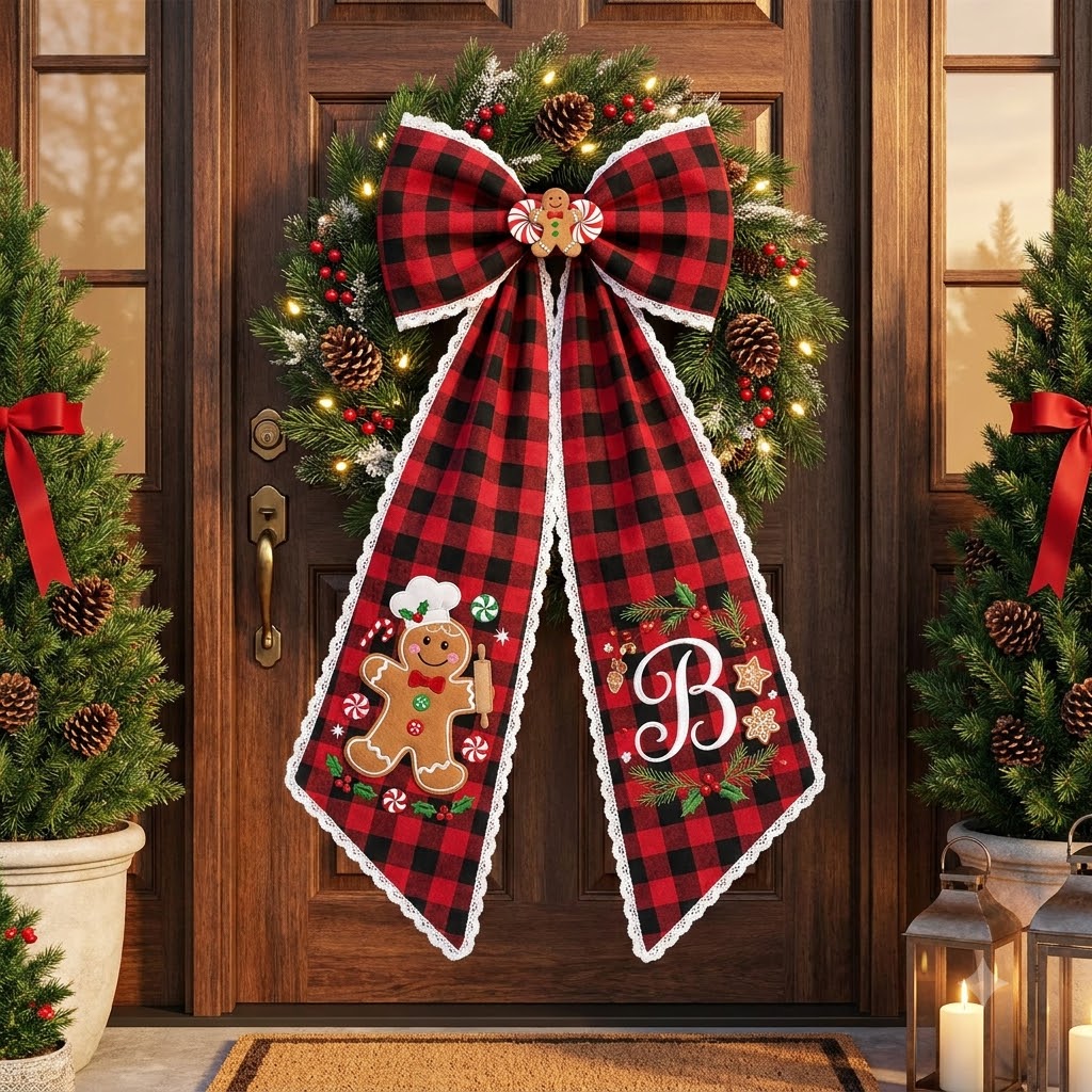 Personalized Buffalo Plaid Christmas Wreath Sash, Sweet Christmas Gingerbread Door Bow, Custom Family Name