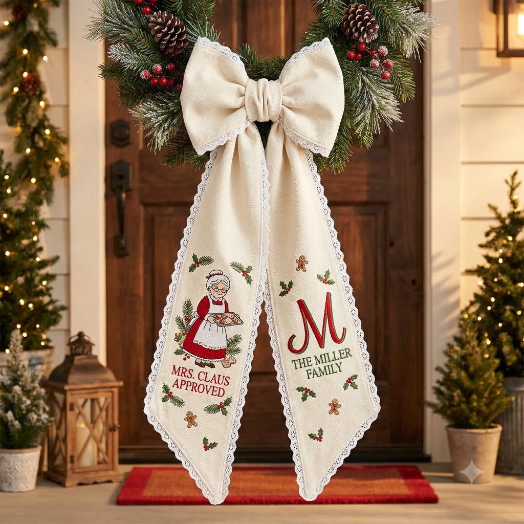 Personalized Christmas Mrs. Claus Wreath Sash, Vintage Santa Holiday Door Bow, Custom Family Name