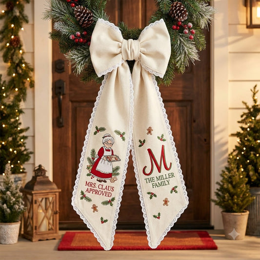 Personalized Christmas Mrs. Claus Wreath Sash, Vintage Santa Holiday Door Bow, Custom Family Name