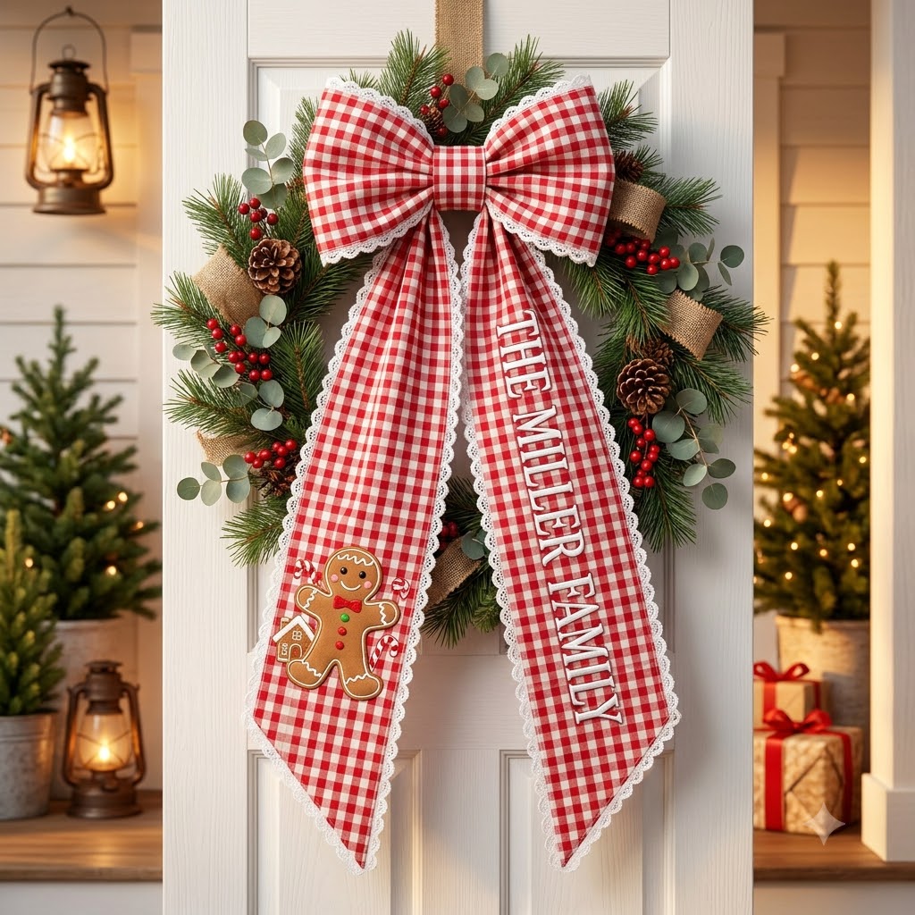 Personalized Christmas Gingham Wreath Sash with Gingerbread Baker Bow, Custom Name Door Decor