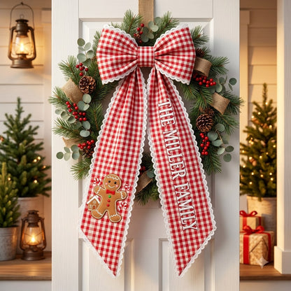 Personalized Christmas Gingham Wreath Sash with Gingerbread Baker Bow, Custom Name Door Decor