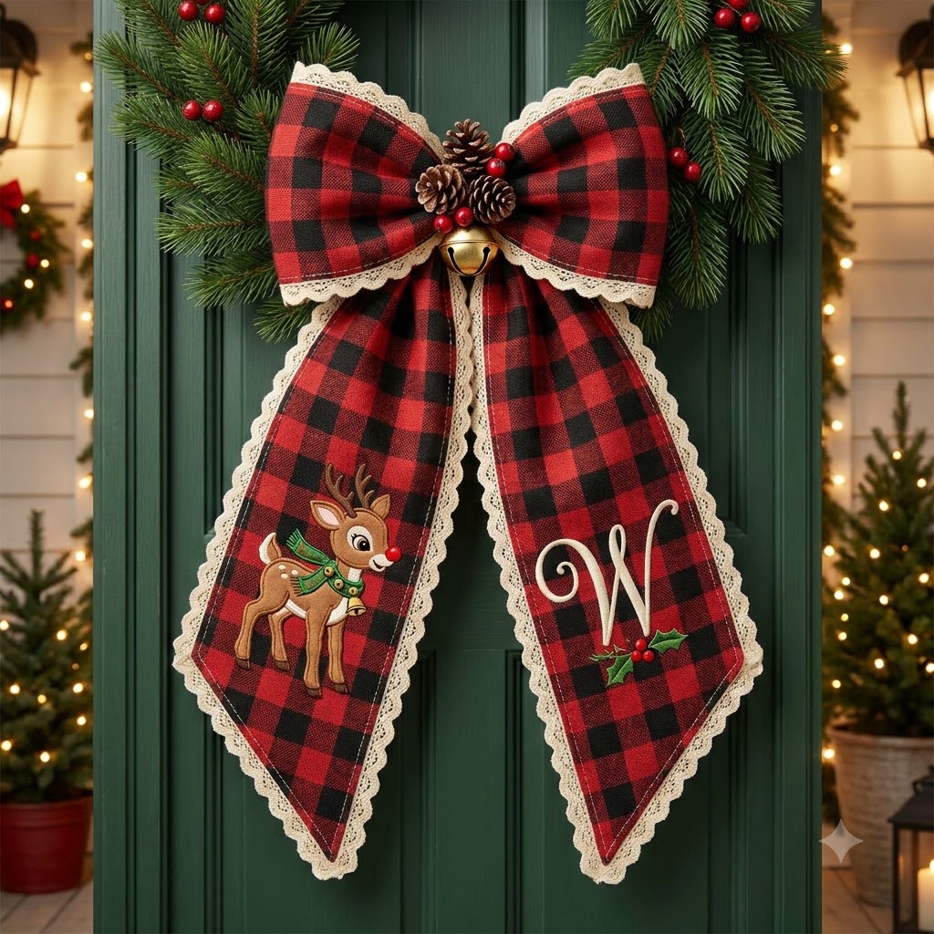 Personalized Buffalo Plaid Christmas Wreath Sash, Sweet Christmas Gingerbread Door Bow, Custom Family Name
