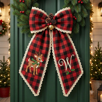 Personalized Buffalo Plaid Christmas Wreath Sash, Sweet Christmas Gingerbread Door Bow, Custom Family Name