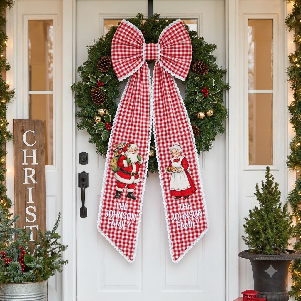 Personalized Christmas Gingham Wreath Sash with Gingerbread Baker Bow, Custom Name Door Decor